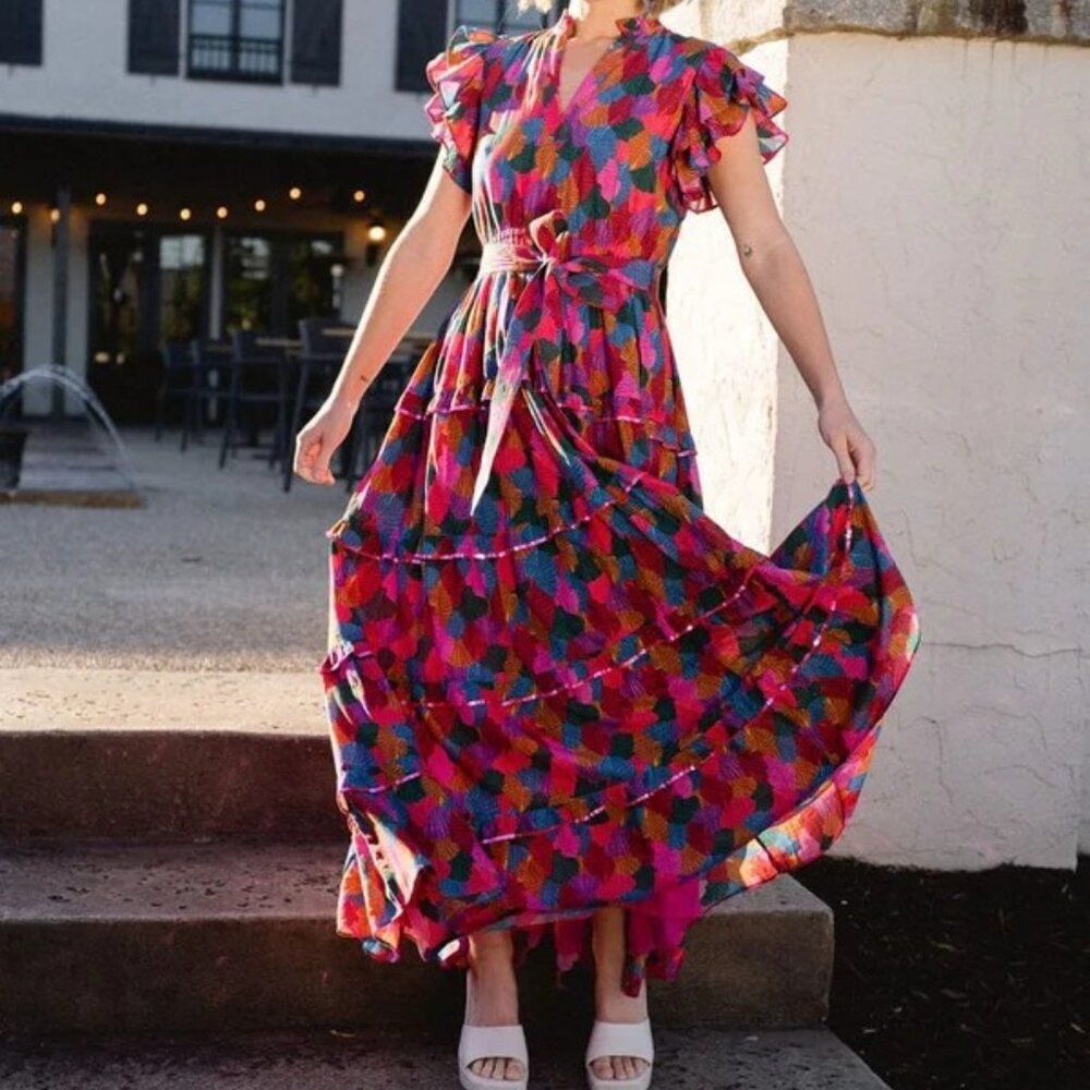 Briton Court XS Delilah Candy Pink Maxi Dress Multicolor Flutter Sleeve Boho